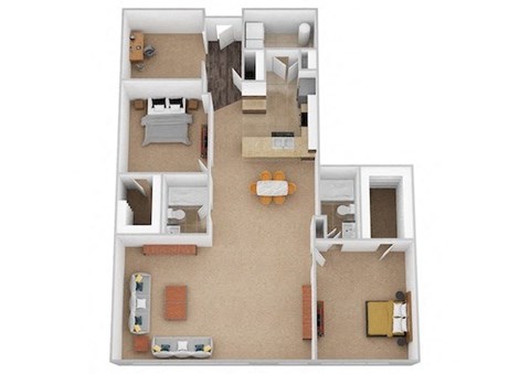 A floor plan of a house with two bedrooms, a living room, a kitchen, and a bathroom.